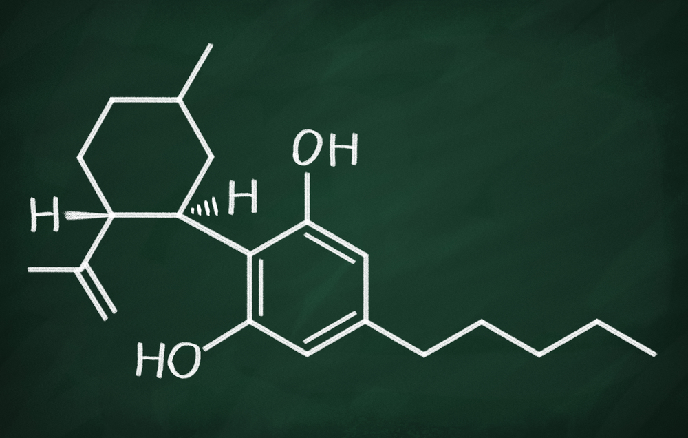 Chemical formula of Cannabidiol on a blackboard